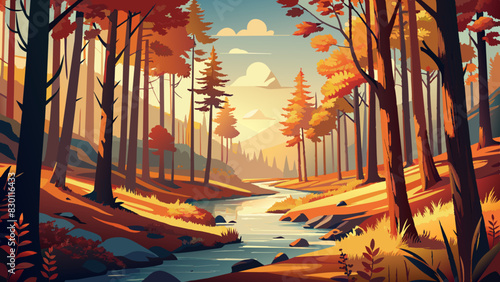 Tranquil Autumn Forest Scene with River and Sunbeams