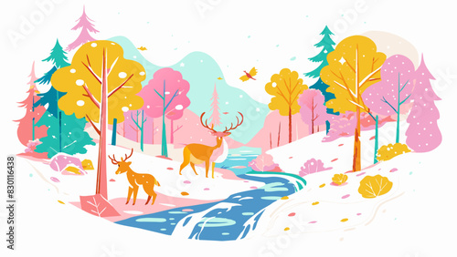 Enchanting Autumn Forest Landscape with Deer by the River