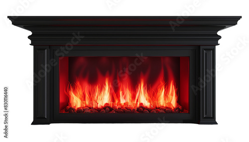 Elegant black electric fireplace with realistic flames, creating a cozy and warm ambiance for any interior setting. © HDP-STUDIO