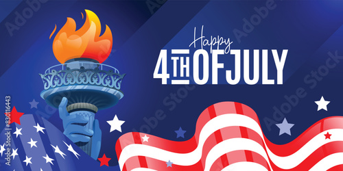 Happy 4th of July Independence Day modern greeting banner background illustration with usa glossy waving flag and Statue of Liberty hand torch on a dark blue background. Vector design. 
