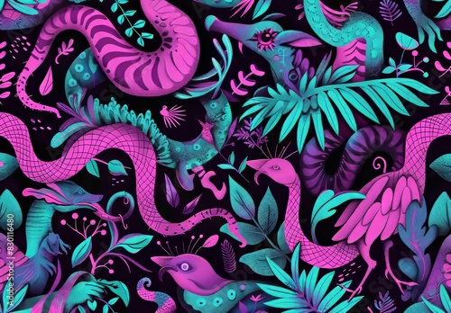 Whimsical lizards in vibrant floral pattern