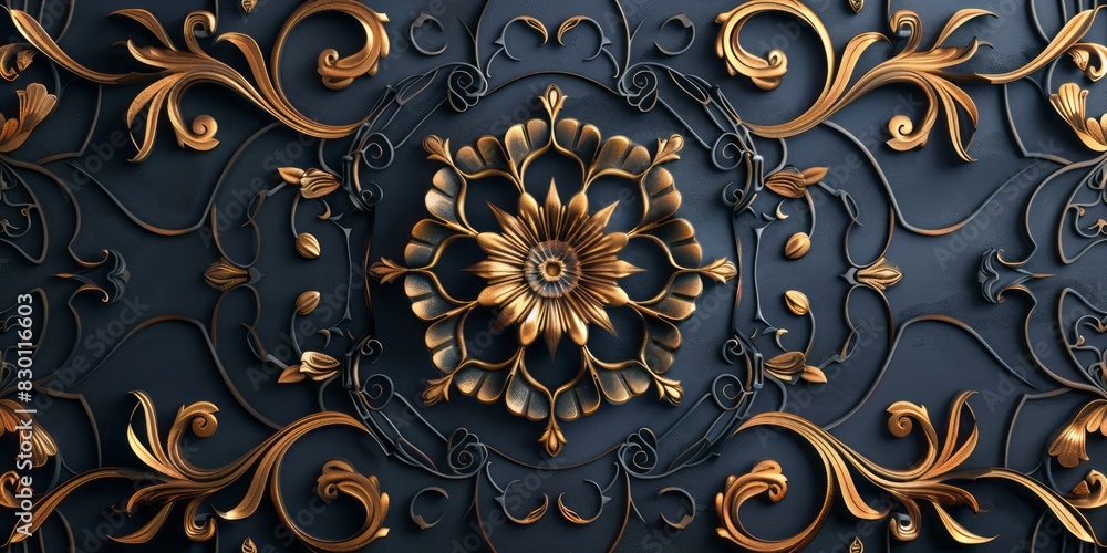 A wallpaper featuring a striking gold and black color scheme with intricate flower designs A wallpaper featuring a striking gold and black color scheme with intricate flower designs