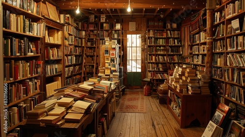 A cozy bookstore with shelves filled with dusty wellloved Western novels hosting the book clubs monthly meeting.