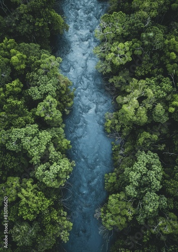 Pollution prevention in a river, aerial view with clean water and environmental measures, highlighting protection and sustainability, sleek minimalistic design. © Kanisorn