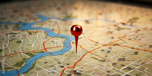 Red location pin on city map symbolizes travel destination pinpointing navigation. Concept Travel Destinations, Navigation, City Map, Pins, Red Marker