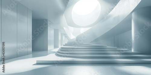 A white room featuring a spiral staircase and a round window