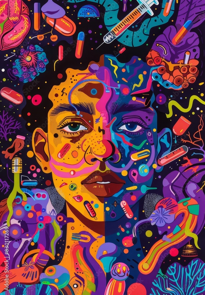 Psychedelic Portrait of Woman Surrounded by Microbes and Injections Psychedelic Portrait of Woman Surrounded by Microbes and Injections