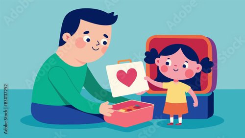 Inside her lunch box a little girl discovers a drawing from her father telling her he loves her and is proud of her.. Vector illustration