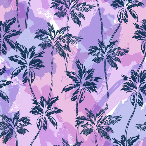 Abstract geometric shapes background with coconut palm tree continuous art on brush stroke texture