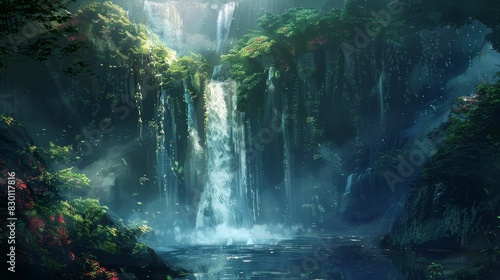 A majestic waterfall cascading into a deep pool, surrounded by vibrant greenery and mist