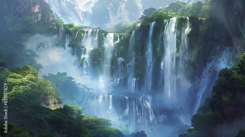 A majestic waterfall cascading into a deep pool  surrounded by vibrant greenery and mist