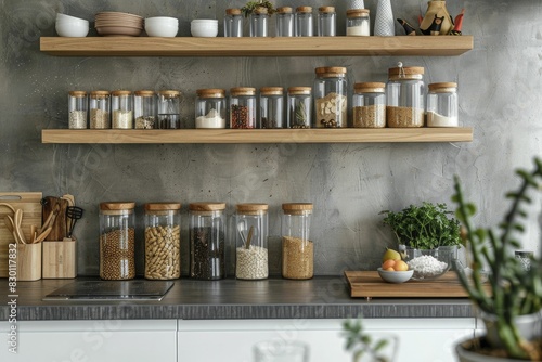Zero waste lifestyle in a modern kitchen, interior view with reusable containers and sustainable practices, showcasing eco-conscious living, simple minimal style photo