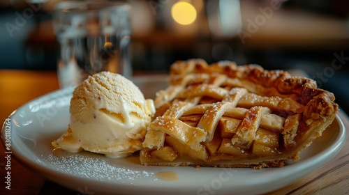 A high-detail shot of a freshly baked apple pie with a golden crust, served with a scoop of vanilla ice cream photo