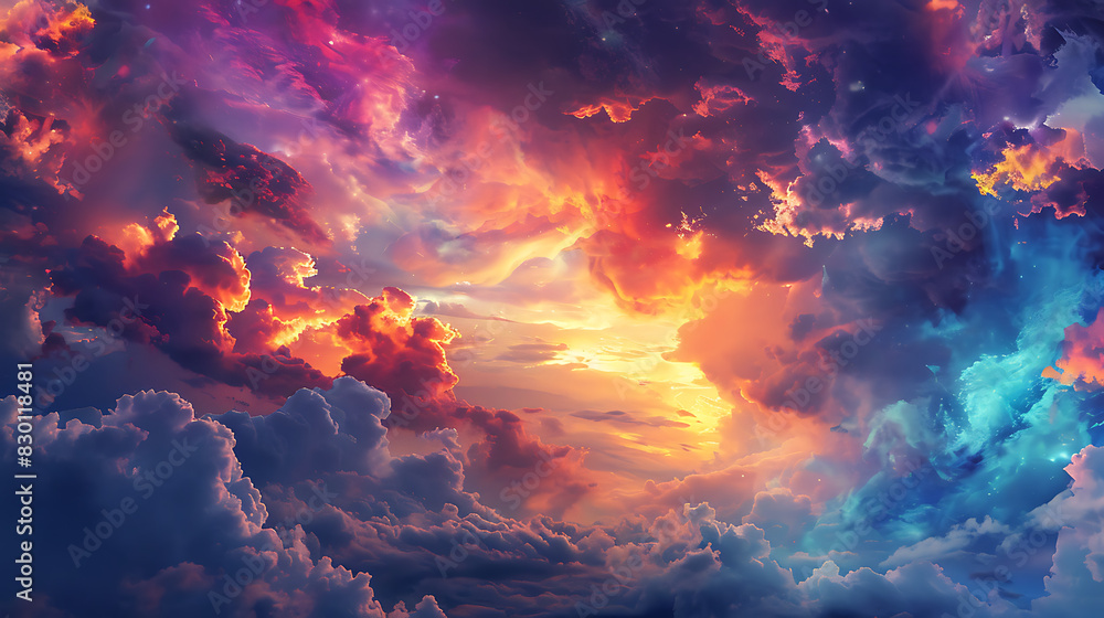 Vivid and dramatic sunset sky filled with clouds displaying an array of colors. Vivid and dramatic sunset sky filled with clouds displaying an array of colors.