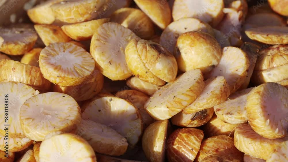 Fresh sliced betelnut rotating, areca nut harvesting, drying, and curing Fresh sliced betelnut rotating, areca nut harvesting, drying, and curing