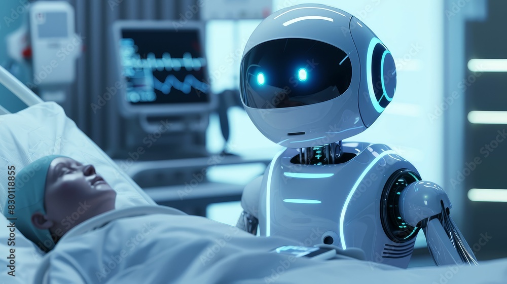 A futuristic healthcare robot assisting a patient, showcasing advancements in medical technology A futuristic healthcare robot assisting a patient, showcasing advancements in medical technology