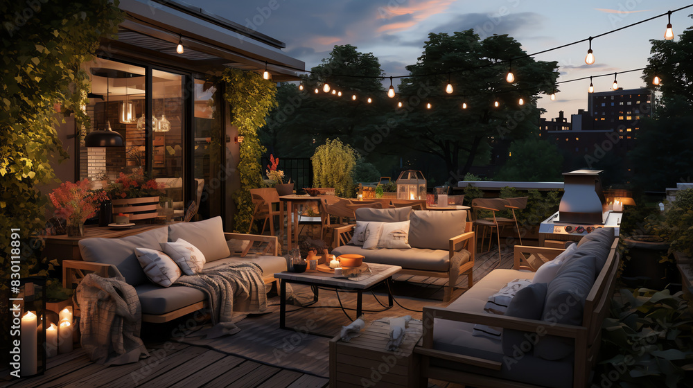 A rooftop terrace with a seating area, coffee table, throw pillows, and several lanterns with candles. In the background is a cityscape at dusk.

