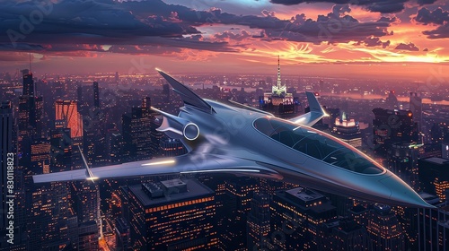 A futuristic private jet with a sleek design, hovering above a cityscape at dusk photo