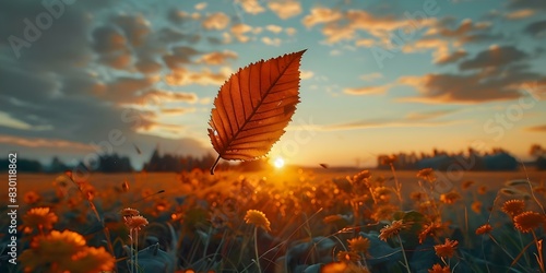 A leaf gently falls in a vibrant farm at sunset symbolizing the transition from day to night. Concept Nature Photography, Sunset Scenes, Symbolism in Art, Tranquil Moments, Farm Life photo