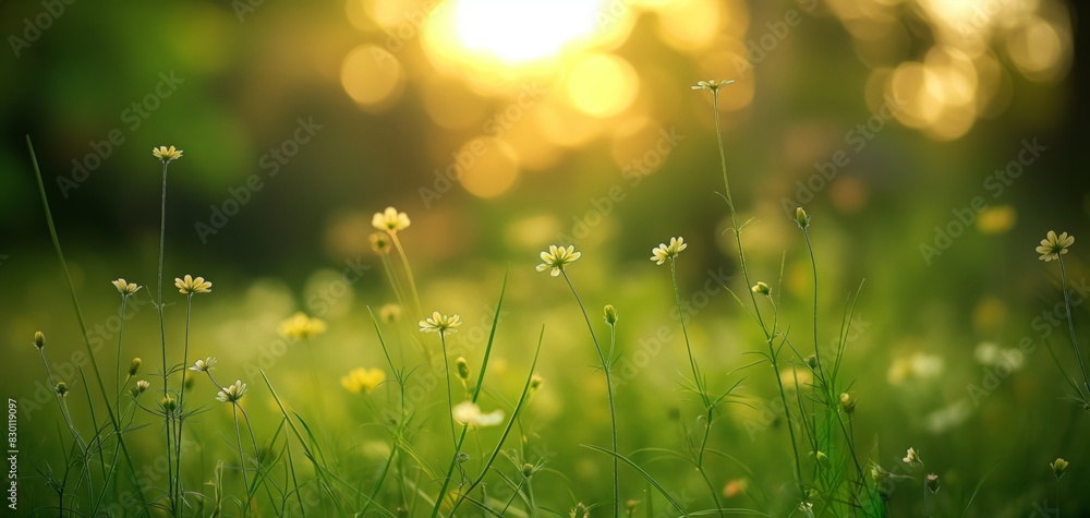 Obraz premium white small tiny daisy flowers, summer and spring flower grass field, wildflower field 
