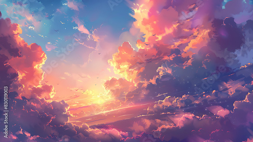 Vivid and dramatic sunset sky filled with clouds displaying an array of colors.