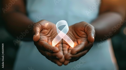 A close-up of hands holding a glowing cancer awareness ribbon, symbolizing support and hope photo
