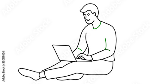Person sits on floor with their legs outstretched and engrossed in using a laptop on their lap.They have a relaxed demeanor that suggests they are comfortable working in this informal environment.AI