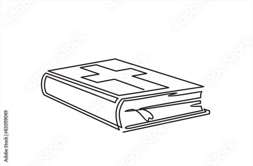 Continuous one line drawing silhouette of Bible. Bible linear icon. One line drawing background. Vector illustration. Line art of Bible