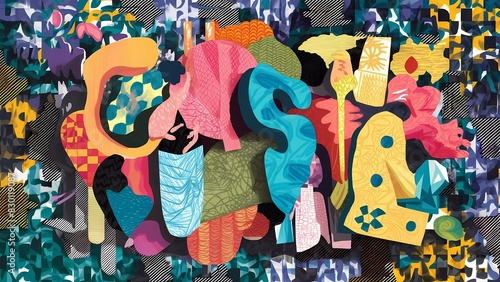 Una obra maestra viva y ecléctica: sinfonía de formas abstractas y texturas dibujadas a mano, con un fondo de mezcla caótica y patrones geométricos vibrantes al estilo Memphis