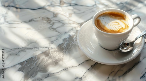A close-up of an espresso cup with a spoon resting on the saucer, placed on a marble countertop photo