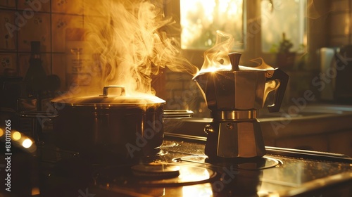 A close-up of a moka pot brewing coffee on a stovetop, with steam rising and a warm kitchen setting