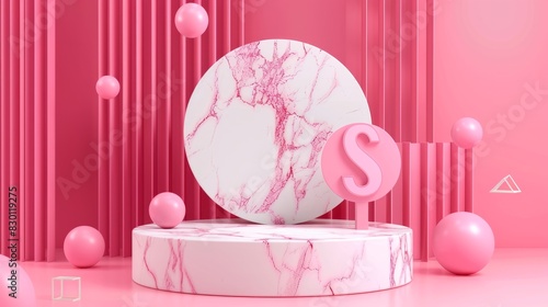 3d elegant marble stone product podium with % sign and pink geometric figures © Johannes