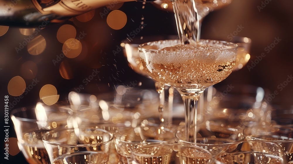 A close-up of a champagne tower being poured, with glasses stacked elegantly and bubbles sparkling