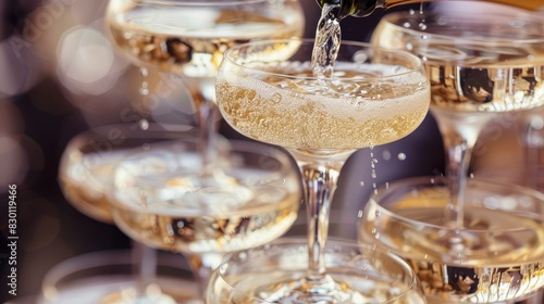 A close-up of a champagne tower being poured, with glasses stacked elegantly and bubbles sparkling