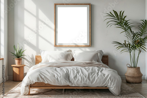 Wallpaper Mural Poster mock up with vertical empty wooden frame on bedroom. Cut out Template mockup Torontodigital.ca