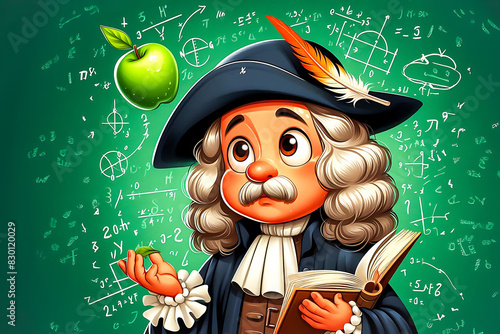Illustration of Newton’s Discovery of Gravity with Apple and Mathematical Formulas