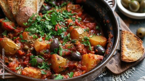 Portuguese style stew with tomato and olive sauce and crispy potatoes