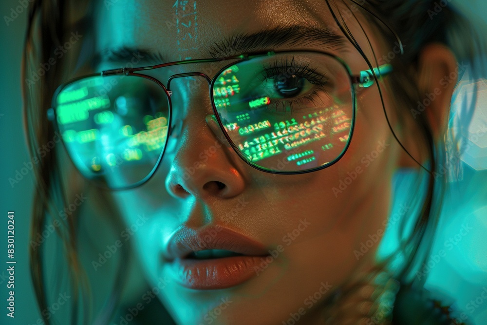 A close-up of a stoic, futuristic woman with transparent elements in her attire, neon accents, and a digital glitch effect with binary code A close-up of a stoic, futuristic woman with transparent elements in her attire, neon accents, and a digital glitch effect with binary code