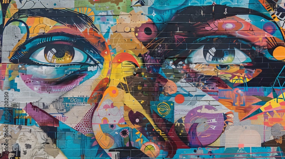 Fototapeta premium Detailed mural combining modern and historical elements, close up, visual harmony, whimsical, Fusion, urban street backdrop