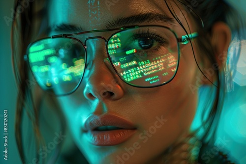A close-up of a stoic, futuristic woman with transparent elements in her attire, neon accents, and a digital glitch effect with binary code