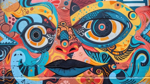 Detailed mural with bold street art and traditional patterns  close up  visual harmony  whimsical  Composite  downtown area backdrop