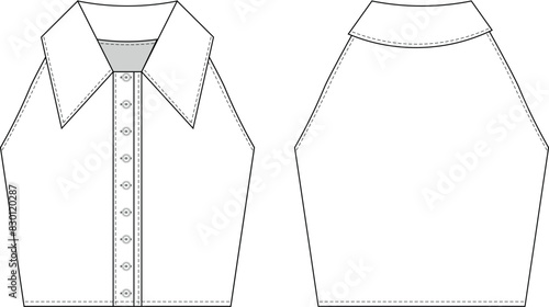 collared buttoned sleeveless crop cropped elastic blouse top template technical drawing flat sketch cad mockup fashion woman design style model
