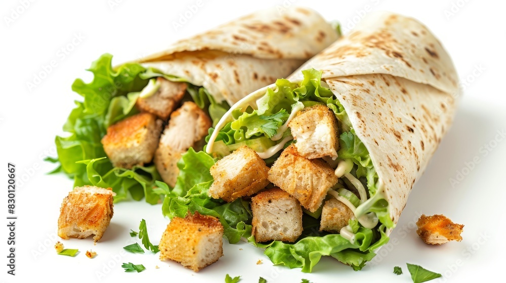 Chicken Caesar wrap with scattered croutons, selective focus, garnish detail, dynamic, Blend mode, white background backdrop Chicken Caesar wrap with scattered croutons, selective focus, garnish detail, dynamic, Blend mode, white background backdrop