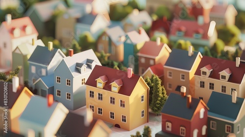 A row of colorful houses with a tree in front of the yellow house © TheosArtTavern