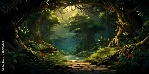 Enchanting digital painting background of a beautiful lush forest with big trees. Concept Forest Scenery  Digital Painting  Enchanting Background  Big Trees  Lush Environment