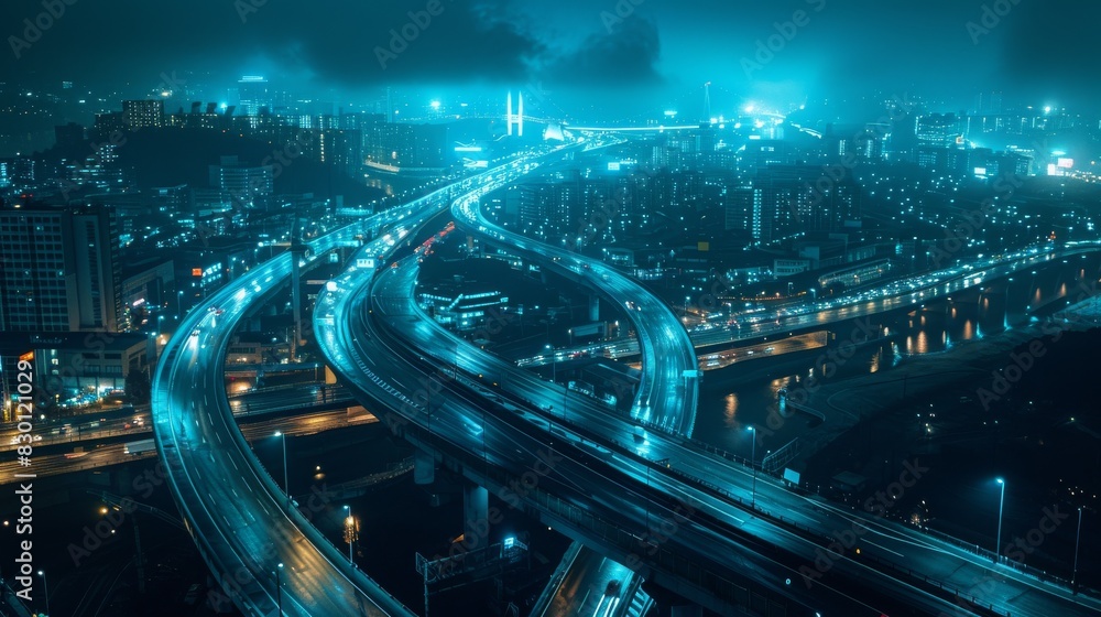 A city at night with a large round highway in the middle, Abstract background A city at night with a large round highway in the middle, Abstract background