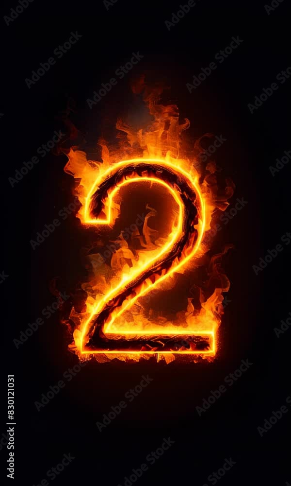 The number 2 two made of fire, glowing with bright orange and yellow flames. The fiery number stands out against a dark background, creating a dramatic and intense visual effect. Vertical The number 2 two made of fire, glowing with bright orange and yellow flames. The fiery number stands out against a dark background, creating a dramatic and intense visual effect. Vertical