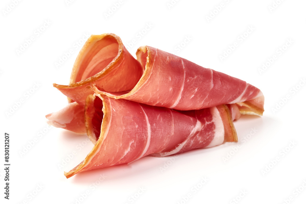 Italian prosciutto crudo. Jerked ham, isolated on white background