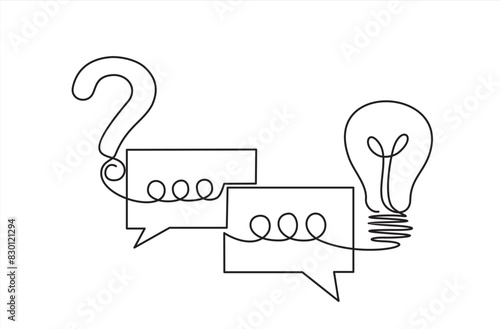 Quick tips. Continuous one line drawing of question mark, light bulb and speech bubbles. Trendy line art vector on a white background. Vector illustration. Hand drawn one line vector.
