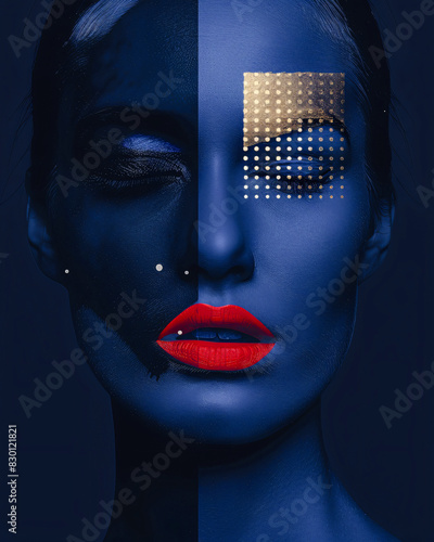 Abstract Portrait of a Woman: Vibrant colors and Geometric Art with Bold Red Lips and Modern, Minimalist Design Elements Wallpaper Digital Art Poster Brainstorming Map Magazine Background Cover © Korea Saii